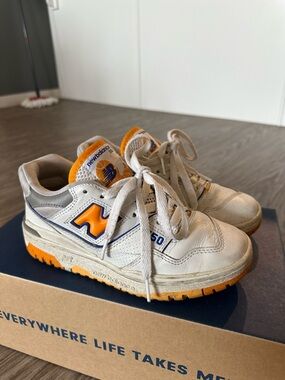 New Balance White and Orange 550 Retro Sneakers